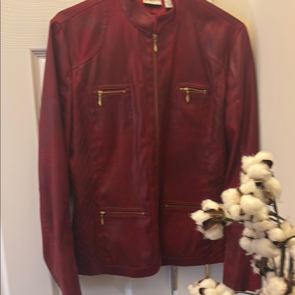 Chico’s Red Leather Jacket with Gold Accents